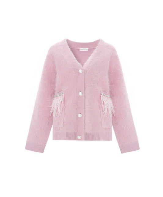 Pink Raccoon Fur Feather Trim Cardigan