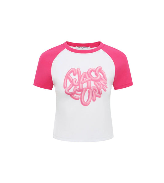 Color-blocked Bubble Heart Print Short-sleeve Shirt