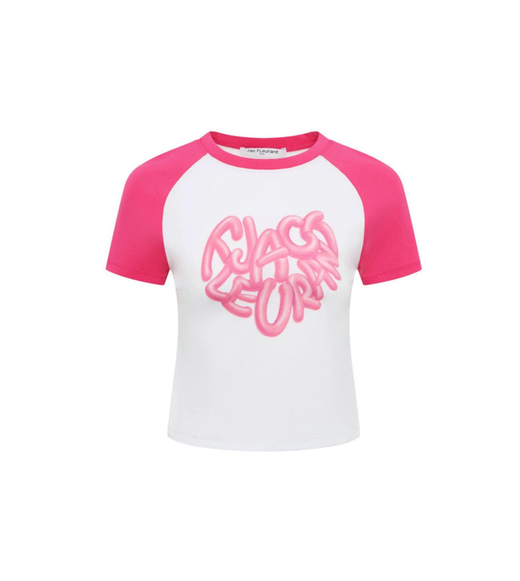 Color-blocked Bubble Heart Print Short-sleeve Shirt