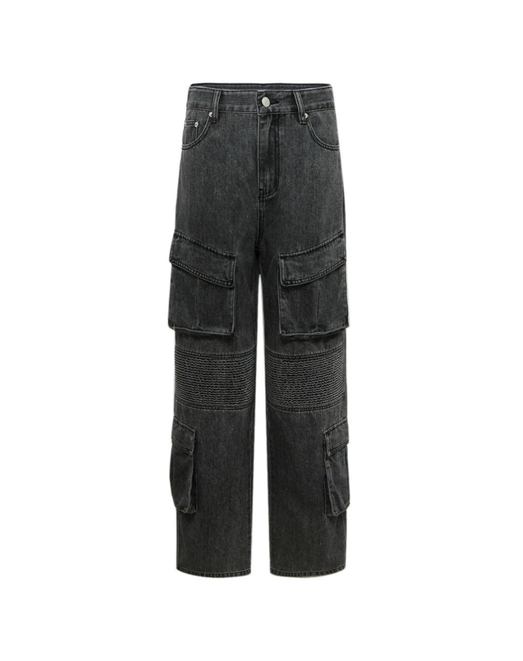 Stone-washed Black Embossed Pocket Straight-leg Jeans