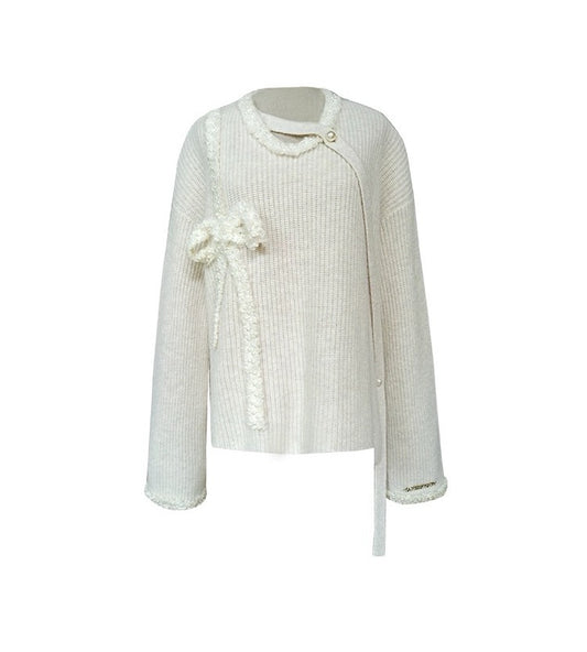 Raccoon Fur Bow Knit Round Neck Sweater