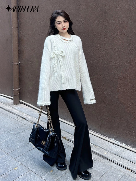 Raccoon Fur Bow Knit Round Neck Sweater