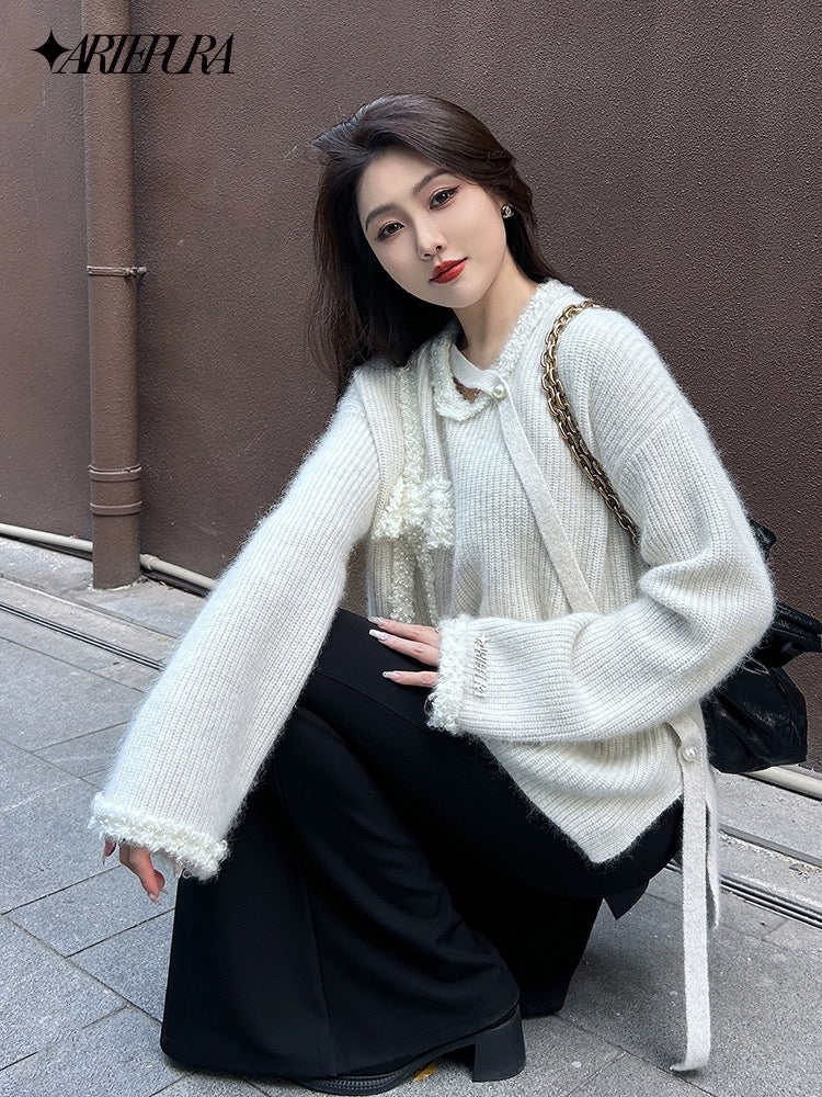 Raccoon Fur Bow Knit Round Neck Sweater