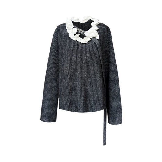 Raccoon Fur Lace Trim Round Neck Sweater