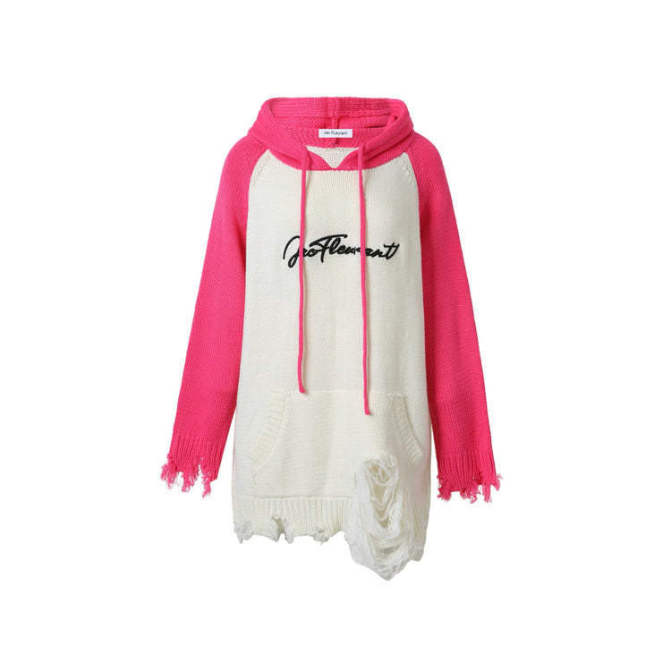 Slouchy Sleeves Embroidered Logo Distressed Knit Hoodie