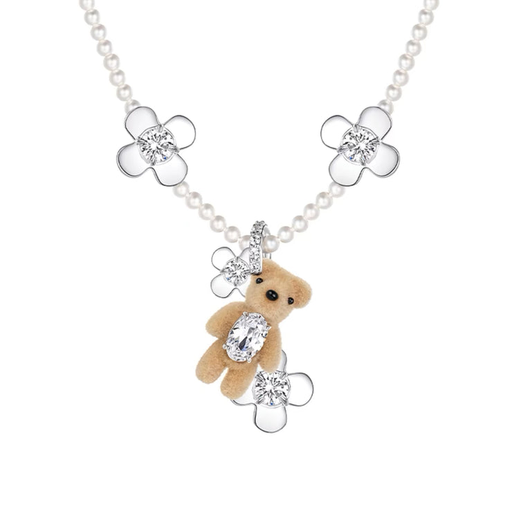 Mini Bear Flower Pearl Necklace