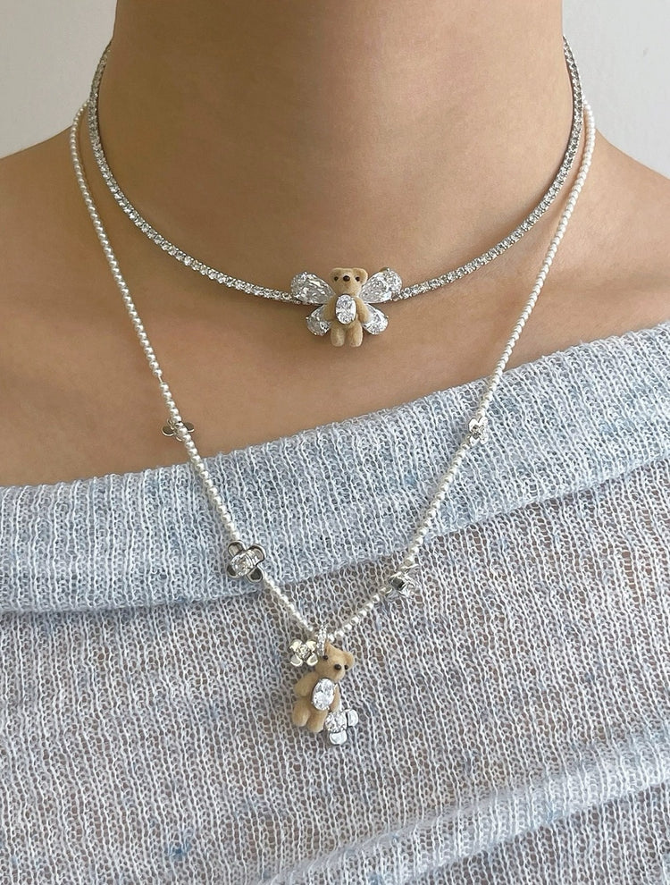 Mini Bear Flower Pearl Necklace