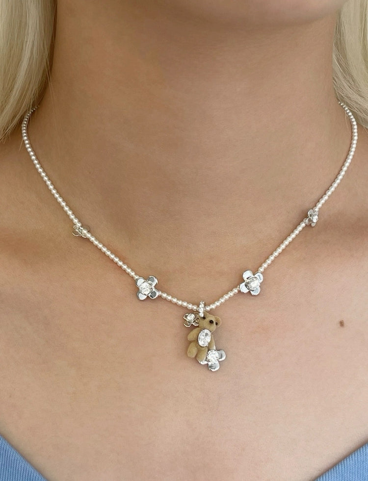 Mini Bear Flower Pearl Necklace