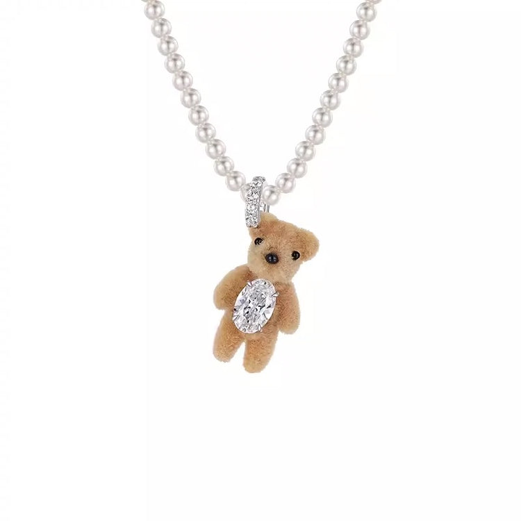 Mini Flocked Pearl Bear Necklace