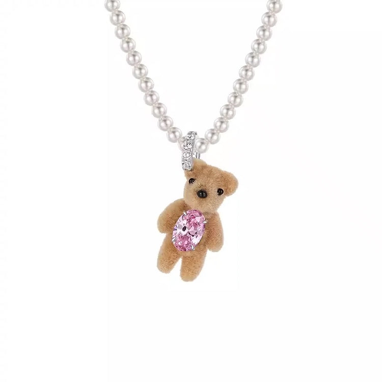 Mini Flocked Pearl Bear Necklace