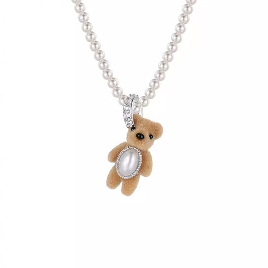 Mini Flocked Pearl Bear Necklace