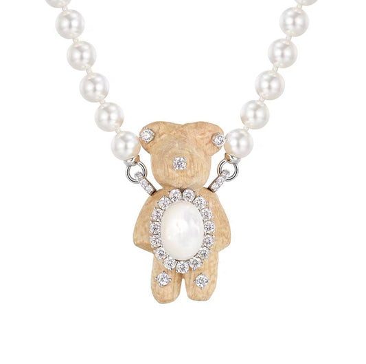 Wooden Bear Pearl Necklace