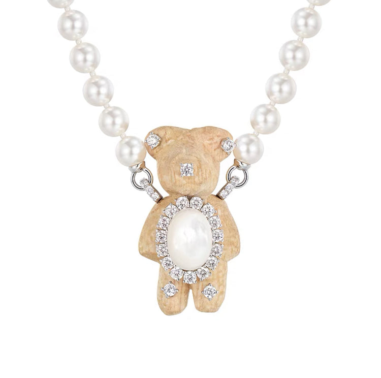 Wooden Bear Pearl Necklace