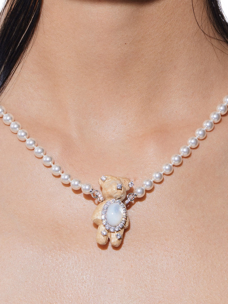 Wooden Bear Pearl Necklace