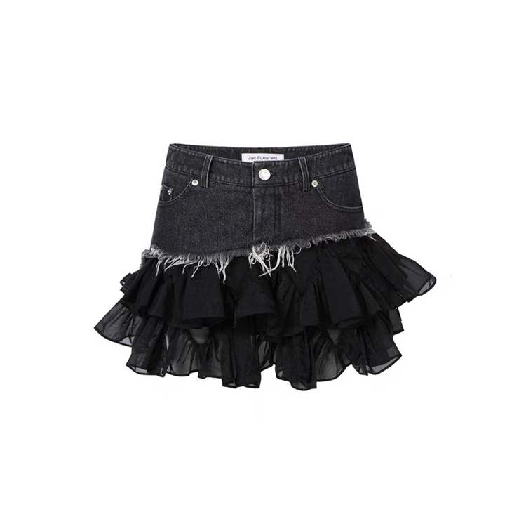 Black Denim Patchwork Pleated Tulle Skirt