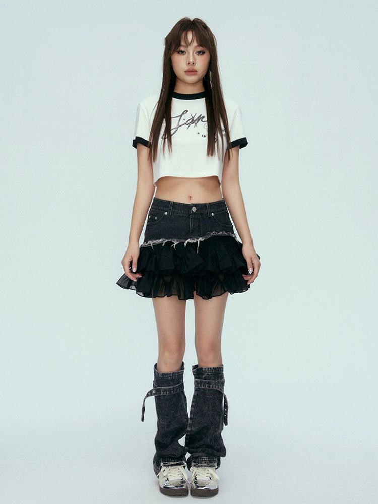 Black Denim Patchwork Pleated Tulle Skirt