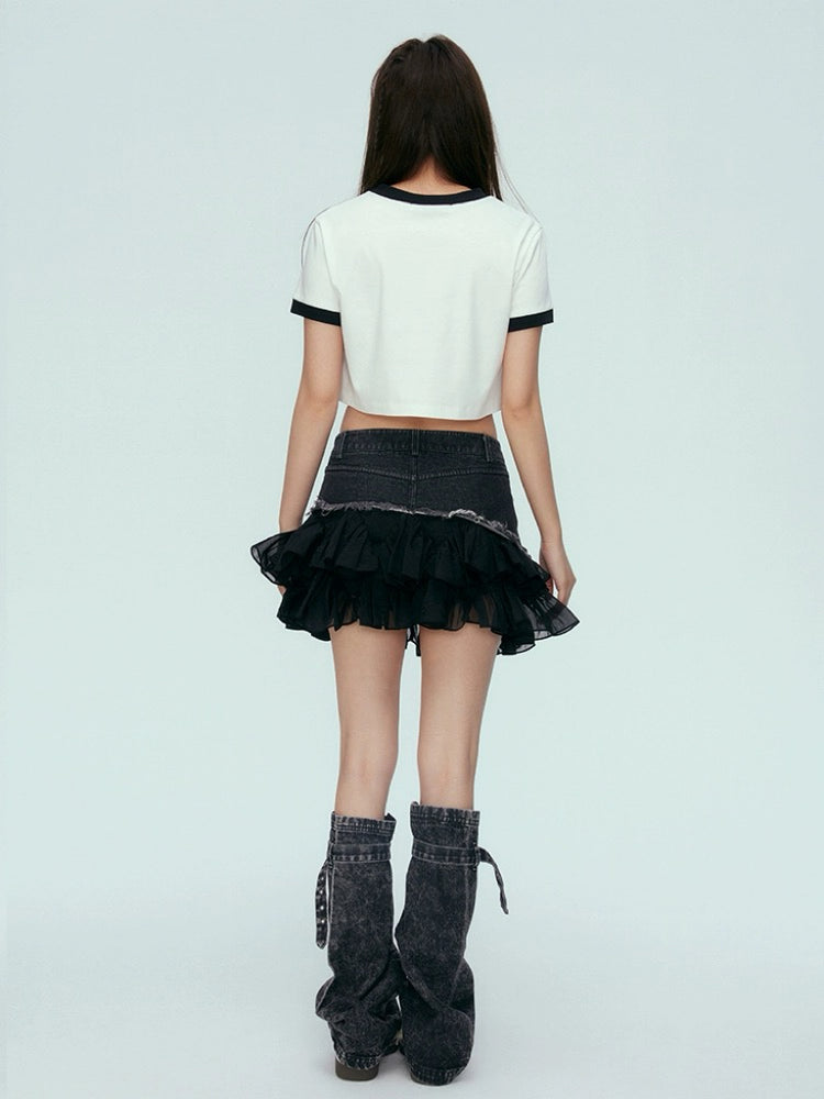 Black Denim Patchwork Pleated Tulle Skirt