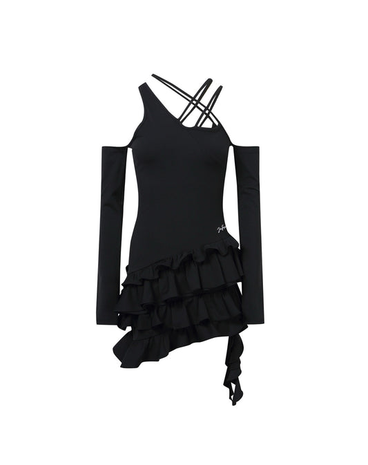 Asymmetrical Strap Side Ribbon Dress