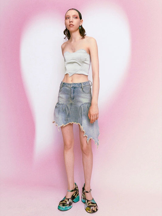 Irregular Heart-shaped Lace Denim Skirt