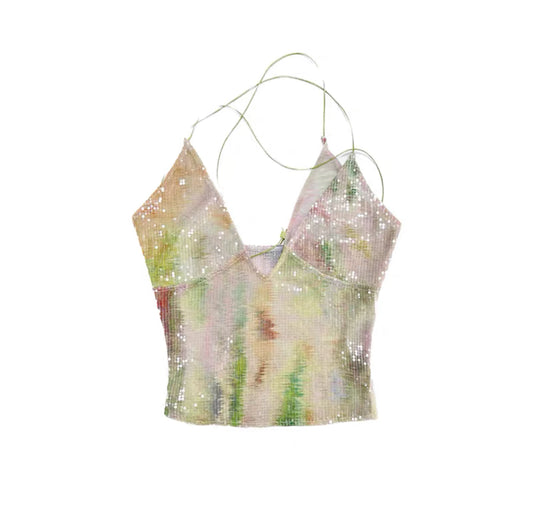 Yellow-green Printed Sequin Camisole