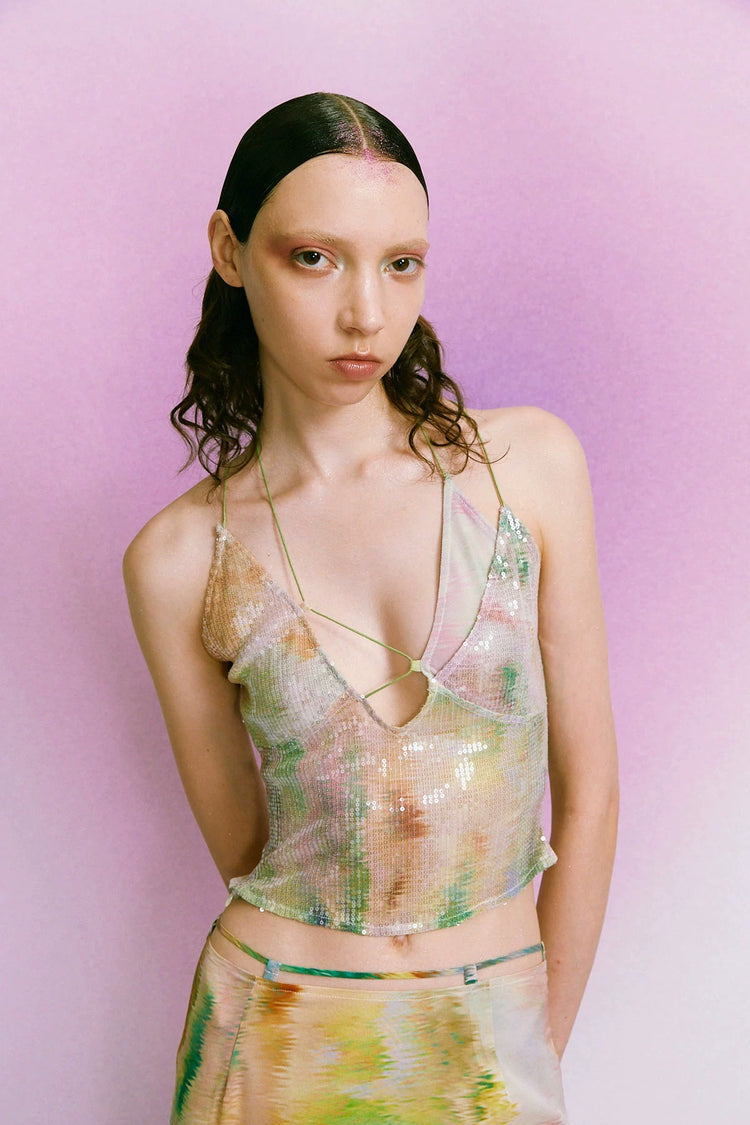 Yellow-green Printed Sequin Camisole