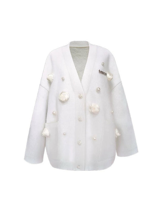 White Satin Flower and Pearl Decorated Cardigan