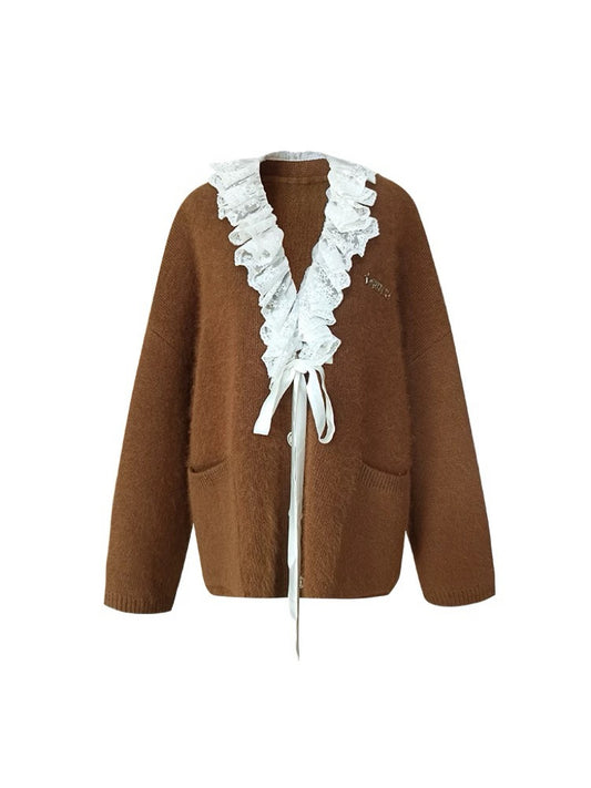 Brown Lace-Trimmed Cardigan