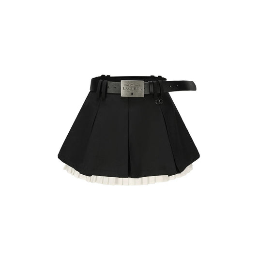 White Trim Black Pleated Short Skirt (With Belt)