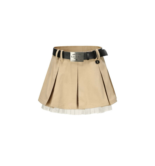 Light Camel Color Pleated Skirt with White Trim (With Belt)