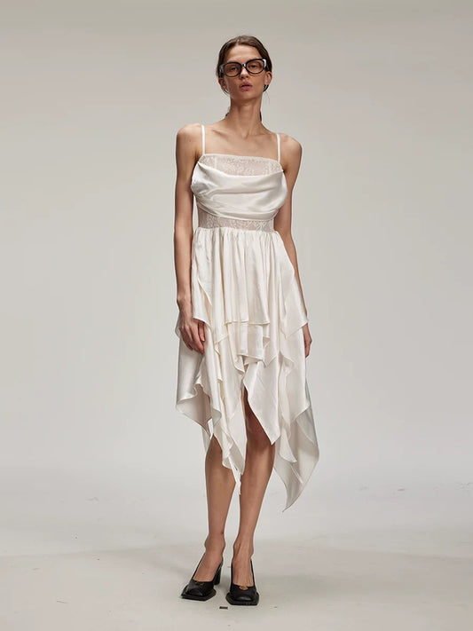 Satin Lace Patchwork Cowl Neck Slip Dress