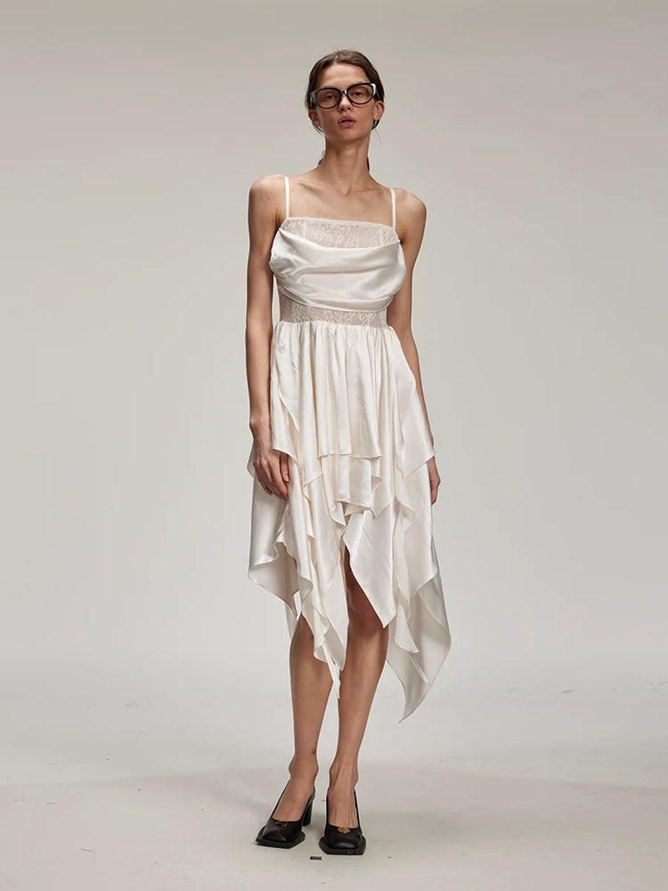 Satin Lace Patchwork Cowl Neck Slip Dress