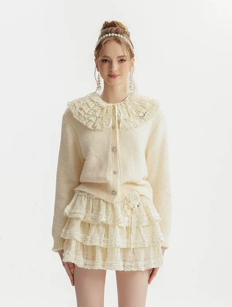 Lace Peter Pan Collar with Rhinestone Button Sweater