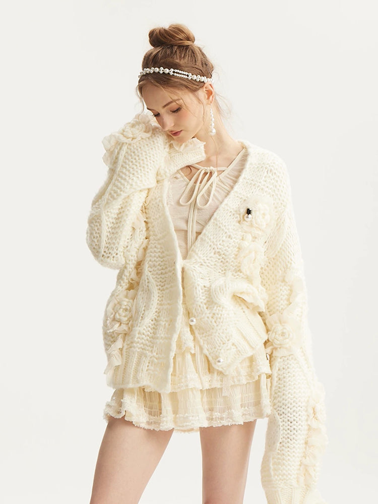 Crochet Flower Ruffle Knit Cardigan