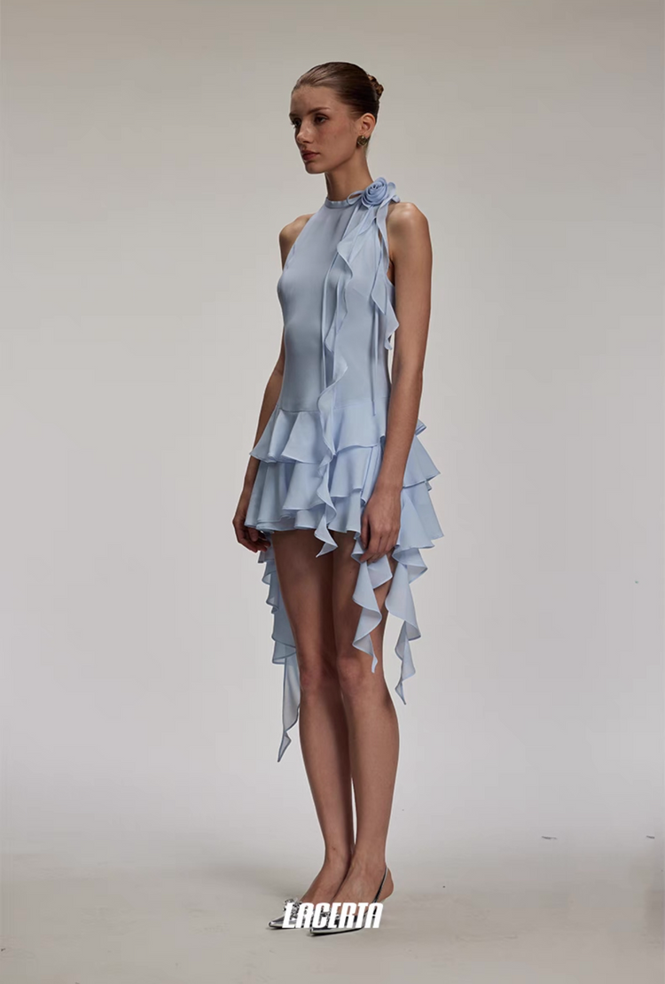 Clear Sky Blue Rose Lace Halter Dress