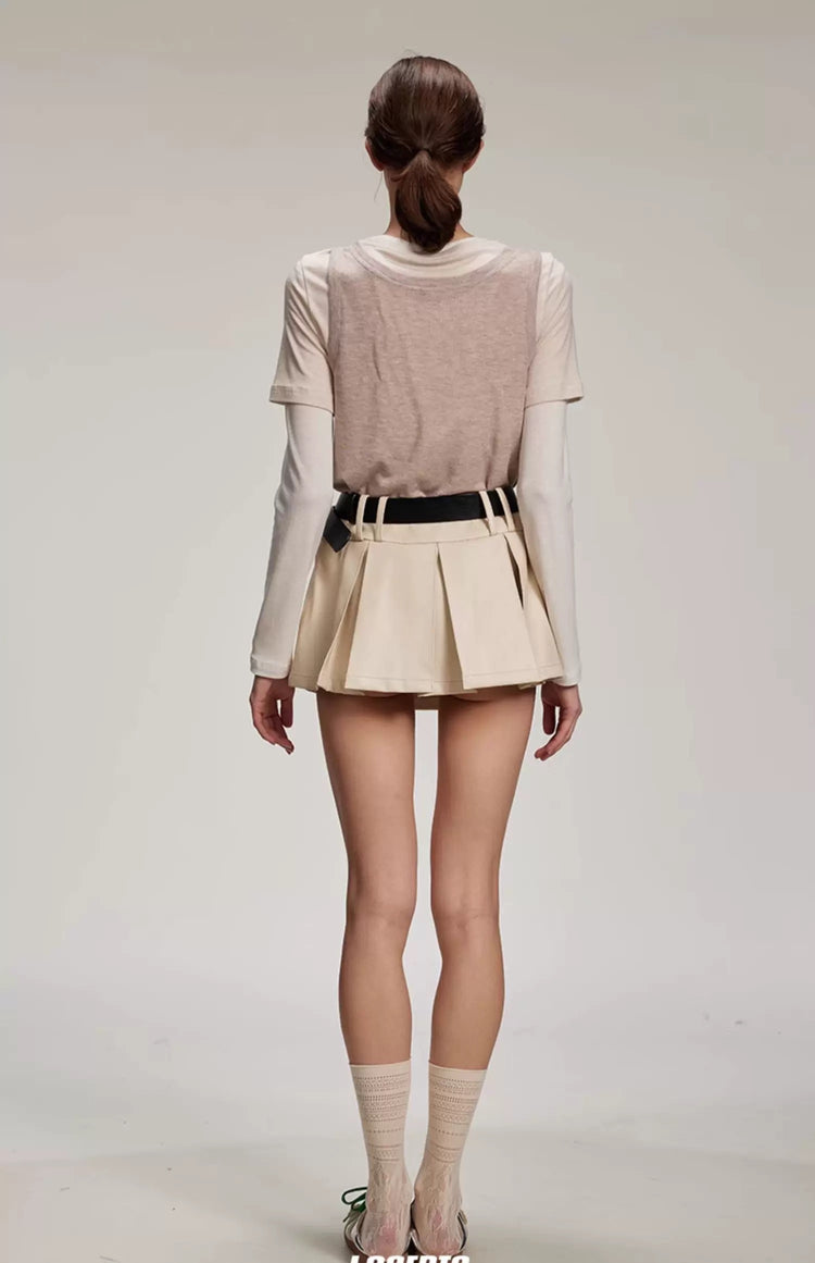 Box Pleat Leather Skirt (with Belt)