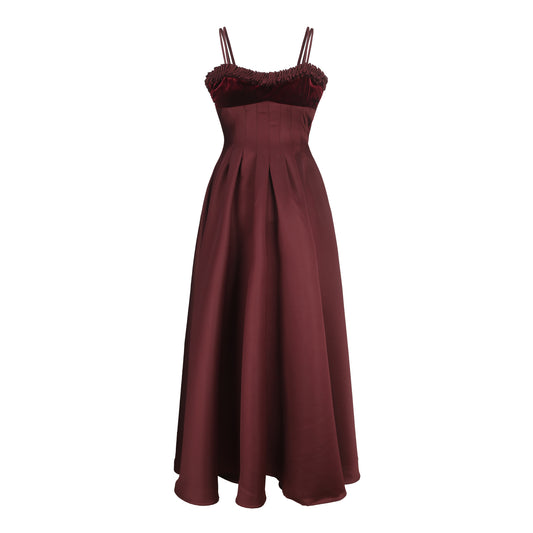 Burgandy Box Pleats Volume Maxi Dress