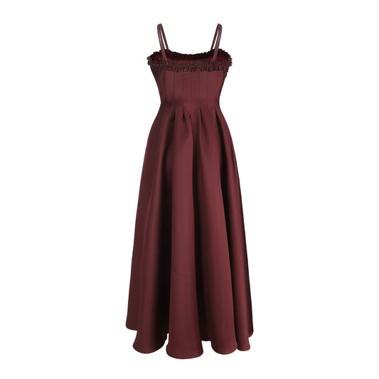 Burgandy Box Pleats Volume Maxi Dress