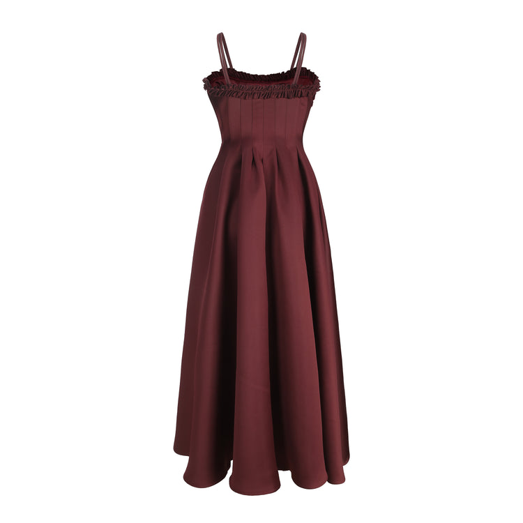 Burgandy Box Pleats Volume Maxi Dress