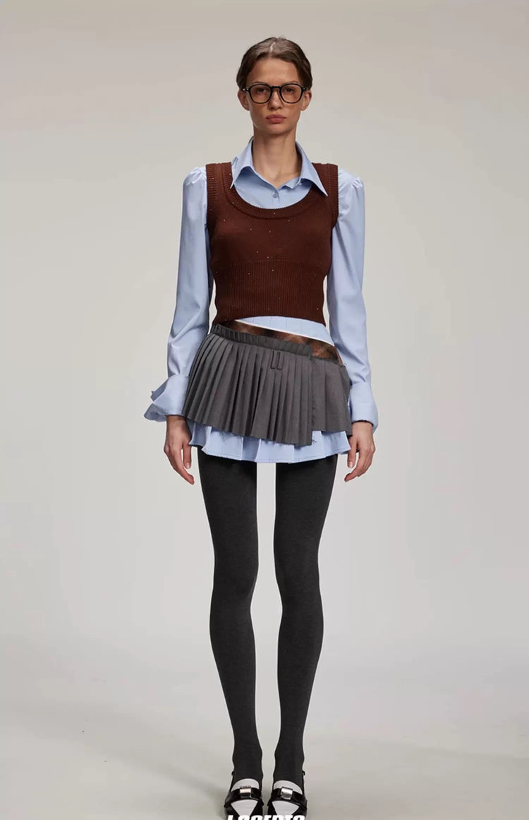 Color-Block Knit Vest with Preppy Style Shirt