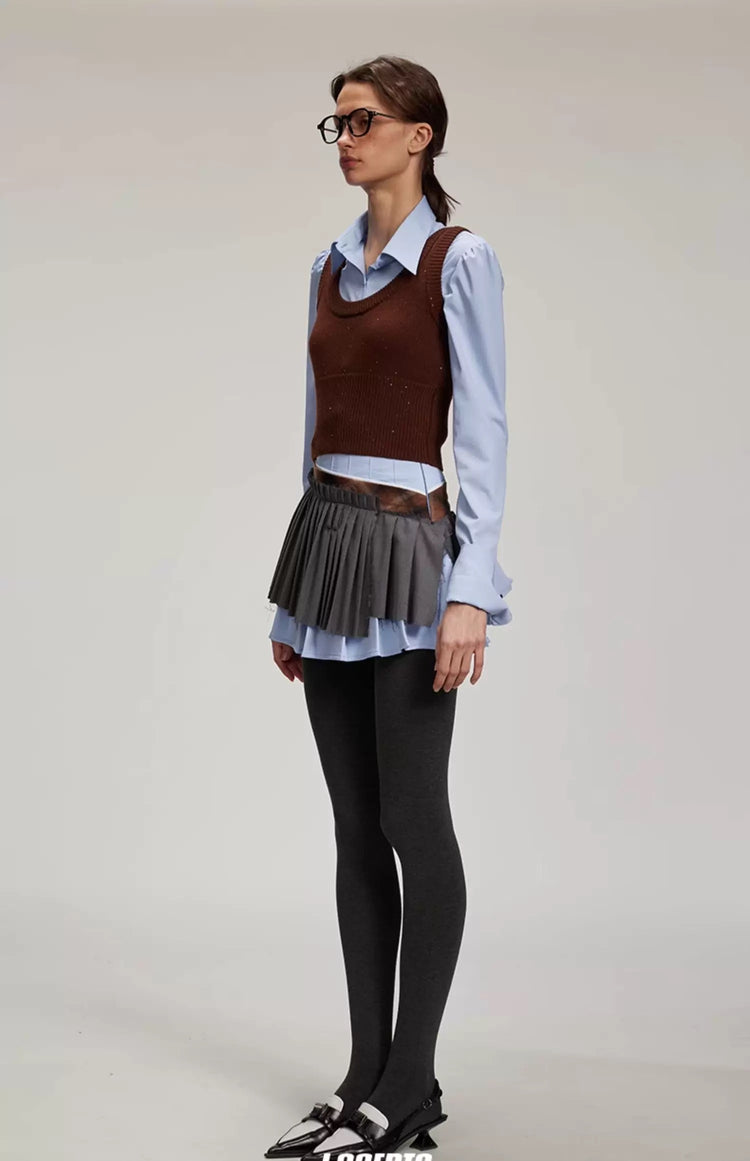 Color-Block Knit Vest with Preppy Style Shirt