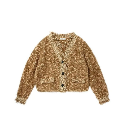 Brown Wheat Ear Fringe Short Cardigan