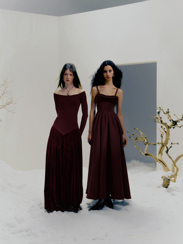 Burgandy Box Pleats Volume Maxi Dress