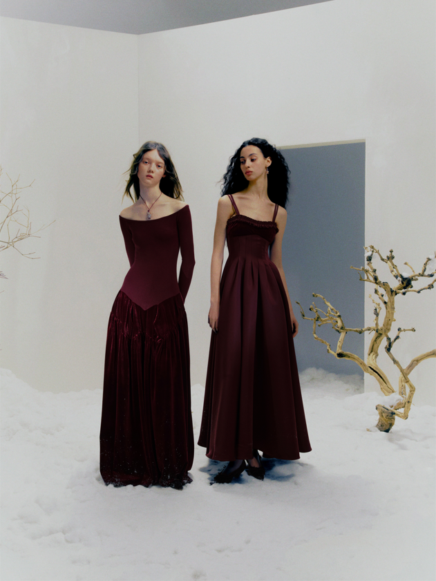 Burgandy Box Pleats Volume Maxi Dress