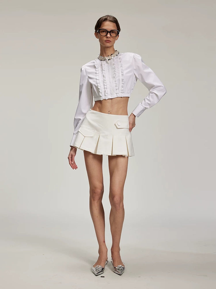 White Low-Rise Pleated Skirt