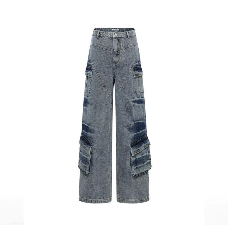 Washed Utility Pocket Wide-leg Jeans