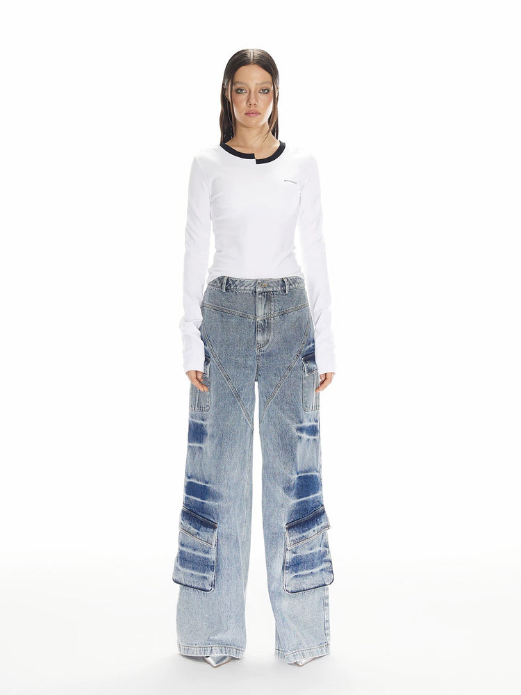 Washed Utility Pocket Wide-leg Jeans