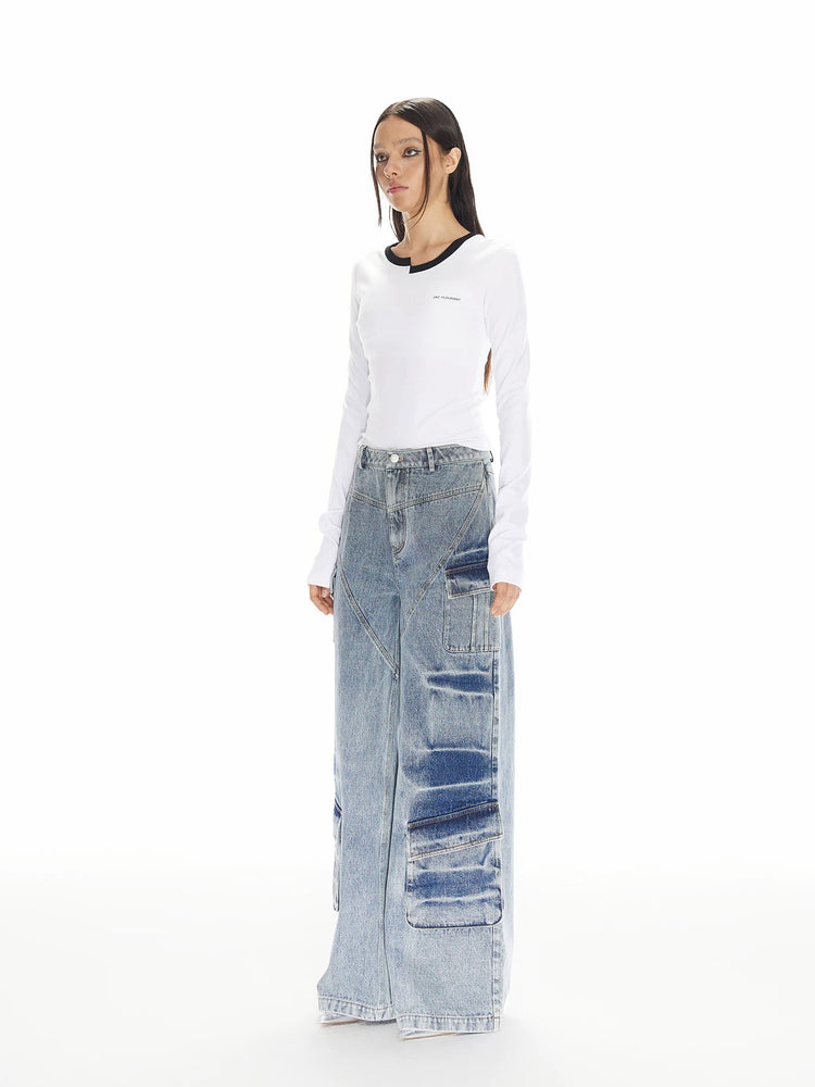 Washed Utility Pocket Wide-leg Jeans