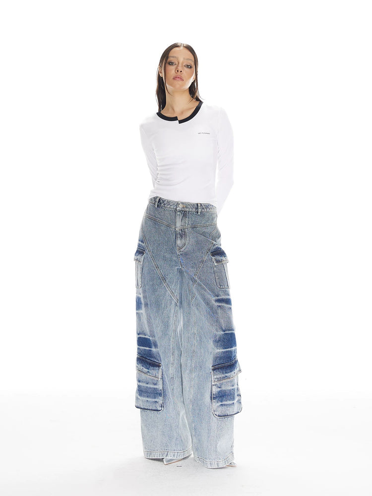 Washed Utility Pocket Wide-leg Jeans