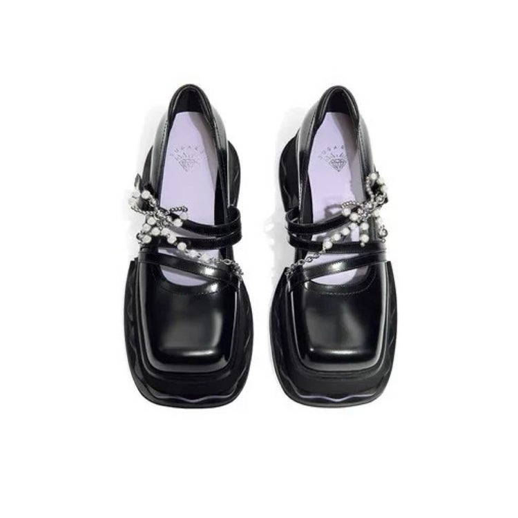 Square-toe Wavy Thick-soled Mary Jane Shoes