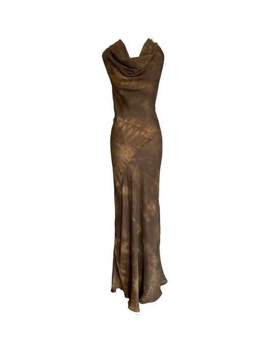 Tie-dye Coffee-colored Silk Backless Dress